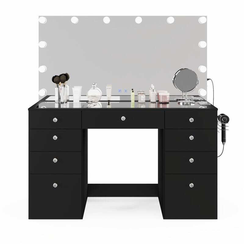 Makeup Vanity Desk w/ Bluetooth Speakers 9 Drawers Glam Glass Top Lighted Crystal Knobs Hairdryer Holder USB Ports