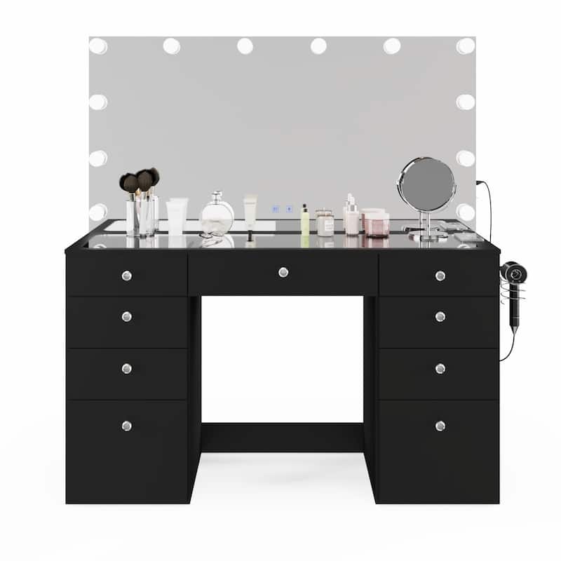 Boahaus Premium Makeup Vanity Desk Full-Width LED Mirror, Bluetooth Speakers 11 Drawers