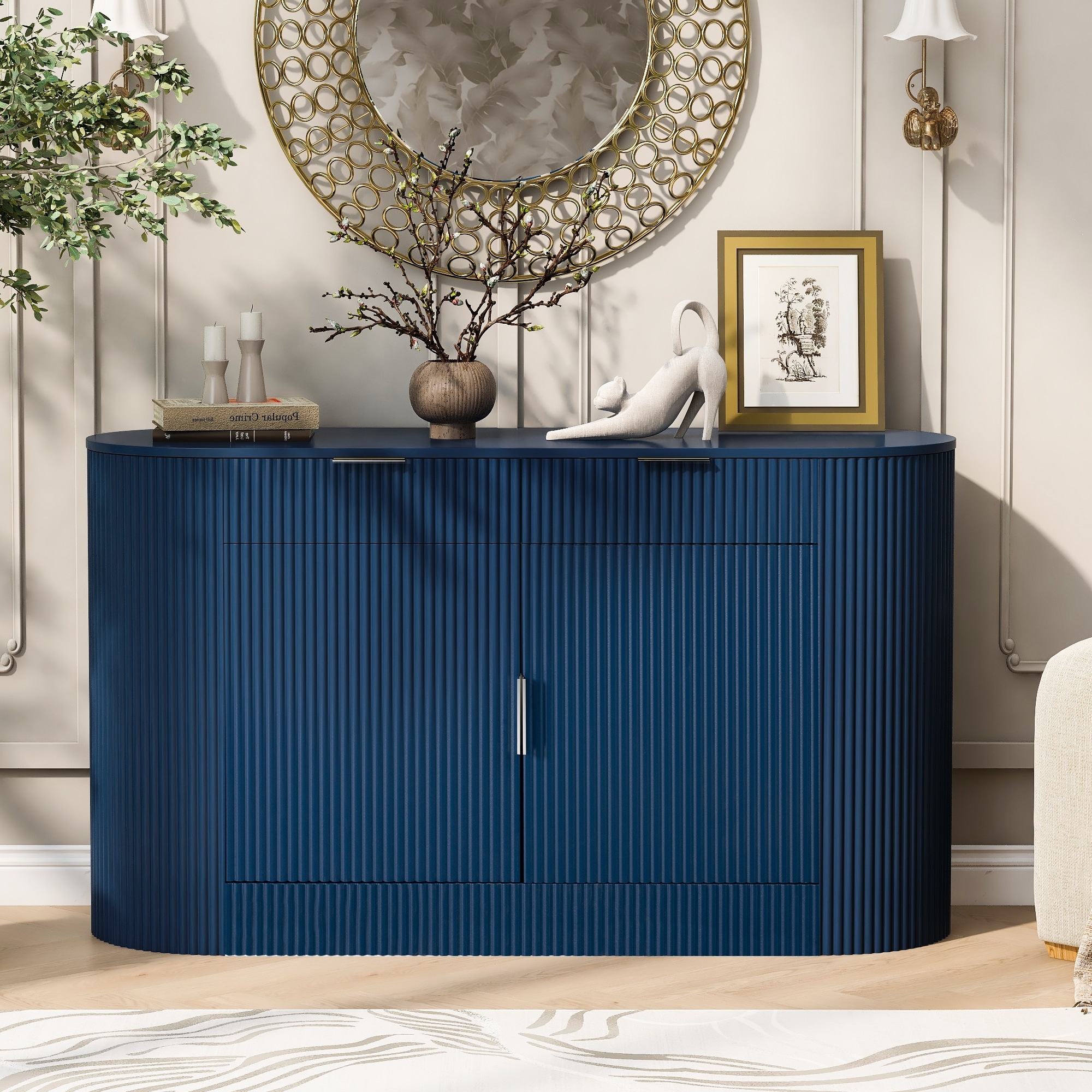 55.1" Modern Storage Cabinet, 2 Doors & 2 Drawers, Stripe MDF Sideboard with Aluminum Handles, Curved Side Door & Shelves