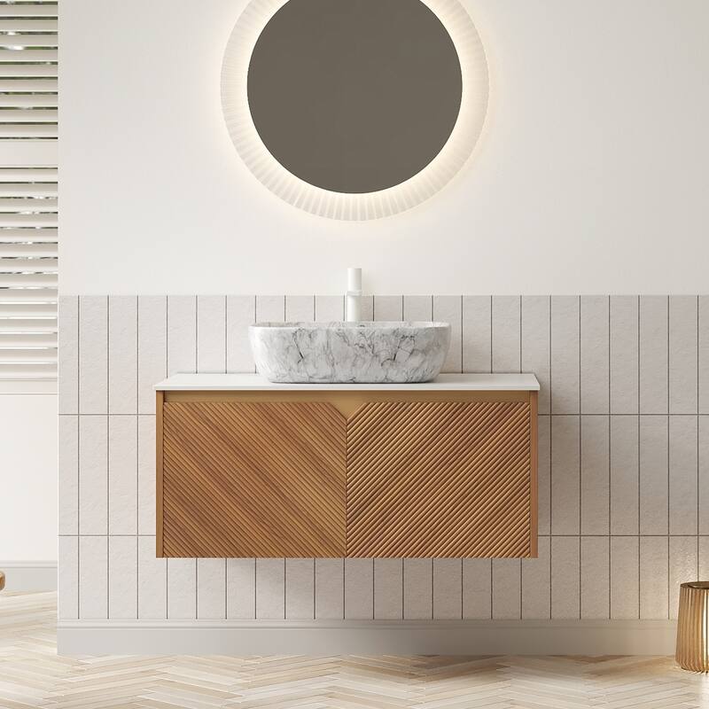 30"/36"/48" Floating Bathroom Vanity with Vessel Sink, Wall Mounted Sintered Stone Countertop Bathroom Storage Cabinet - Brown Oak - Marble Pattern Ceramic Basin - 36 Inch