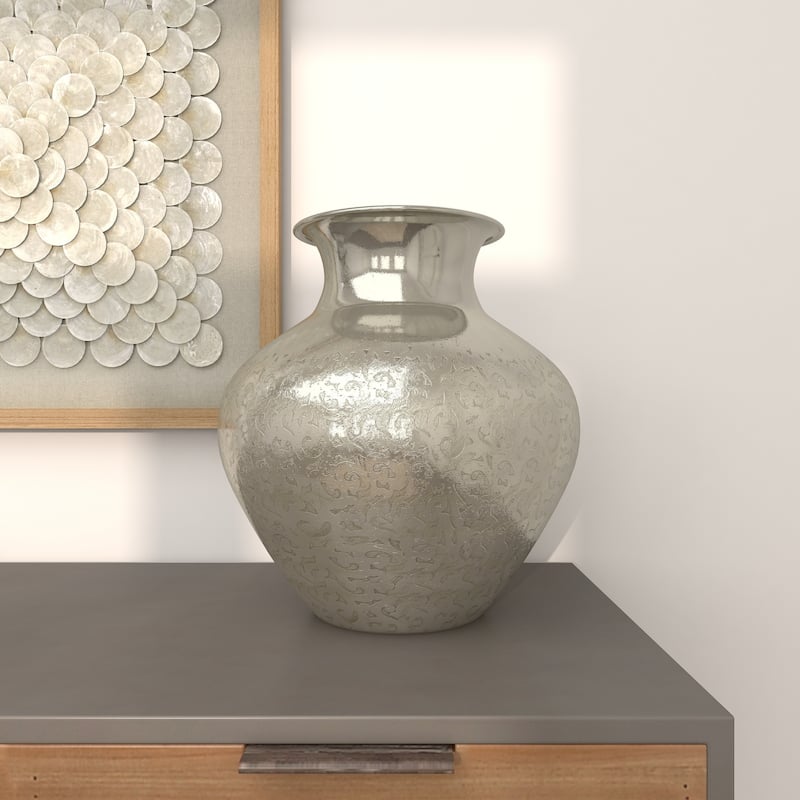 Aluminum Metal Round Engraved Decorative Vase - Silver - Roche River Decor