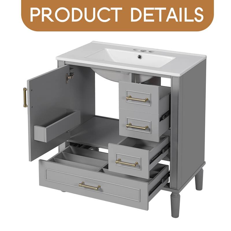 Bathroom Vanity with Ceramic Sink, Soft-Close Door with Built-in Shelf, Deep Drawer, Standard Drawer, Long Divider Drawer