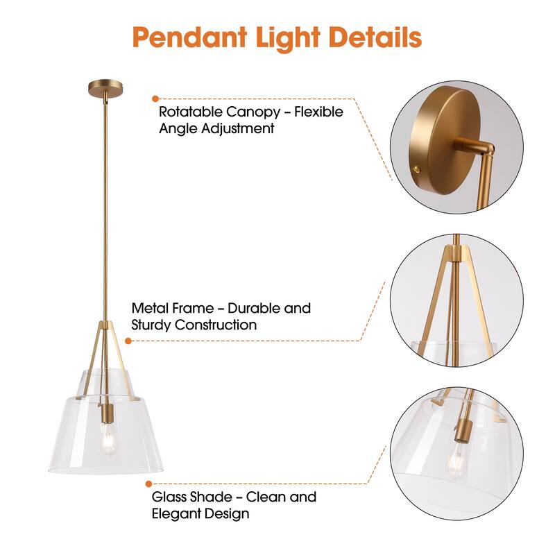 15" Contemporary Brass Tapered Glass Kitchen Island Pendant Light Adjustable Hanging Chandelier