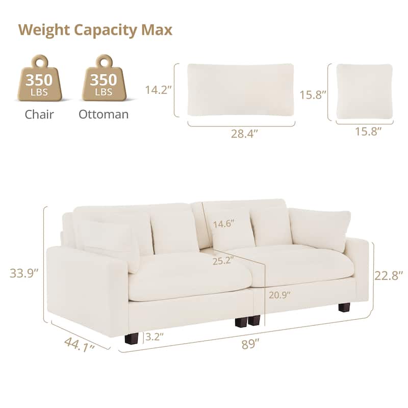 89In Comfy Couch, 3 Seater Sofa With Wood Legs, Chenille Couch For Small Space,Apartment - 89"W X 44.1"D X 33.9"H