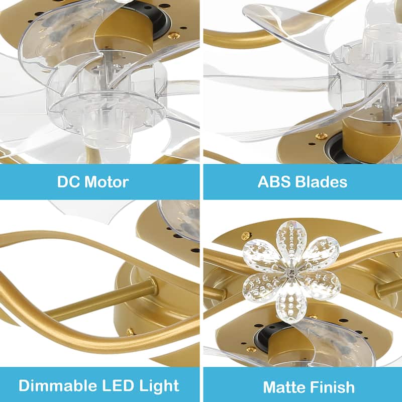 Oaks Aura 21in. Modern Smart App Control Daisy Crystal Low Profile Ceiling Fan With Light, Flush Mount Ceiling Fan for Bedroom