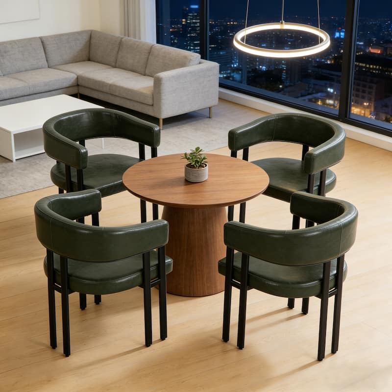 Modern Dining Chairs Set of 2, Faux Leather Upholstered Barrel Chairs with Integrated Curved Back And Armrests, Metal Frame