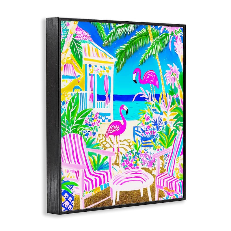 Stupell Vivid Flamingos on Tropical Beach Framed Giclee Art Design By Jess Stempel