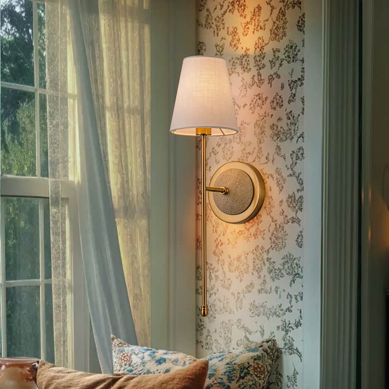 1-Light Gold Wall Sconce with White Fabric Shade - H20" x W5.1" x D7.9"