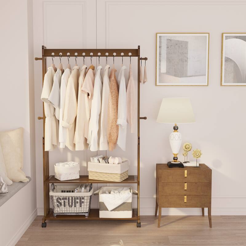 Rolling Bamboo Clothes Stand Garment Hanging Rack Organizer