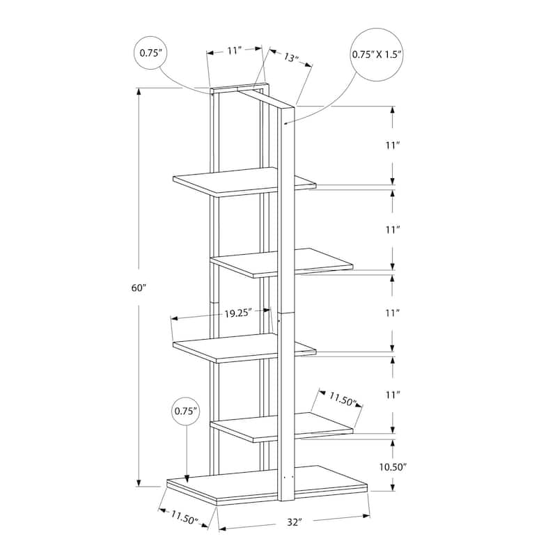 Bookshelf, Bookcase, Etagere, 5 Tier, 60"h, Office, Bedroom, Laminate, Metal, Contemporary, Modern - White