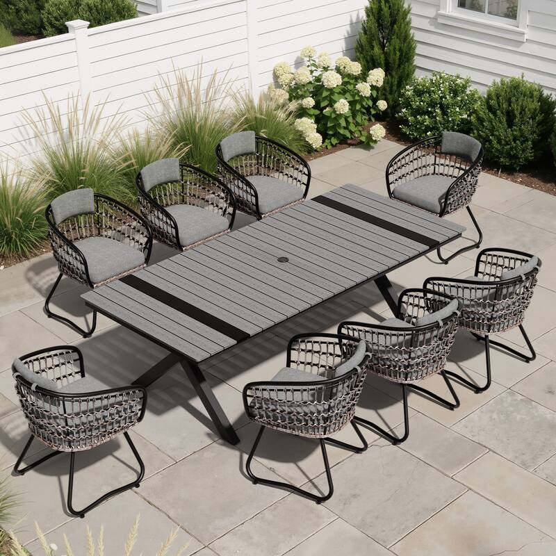 9PC Outdoor Patio Aluminum Dining X Frame Table and Rattan Chairs Set with Umbrella Hole - GreyTable&GreyChairs