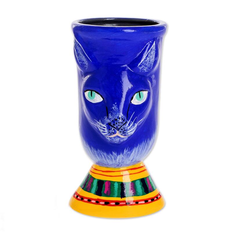 Novica Handmade Top Cat In Blue Ceramic Flower Pot