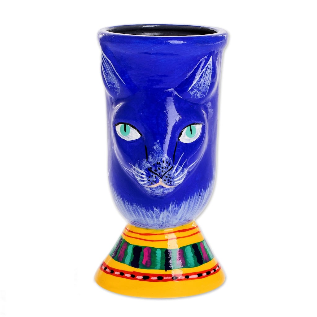 Novica Handmade Top Cat In Blue Ceramic Flower Pot