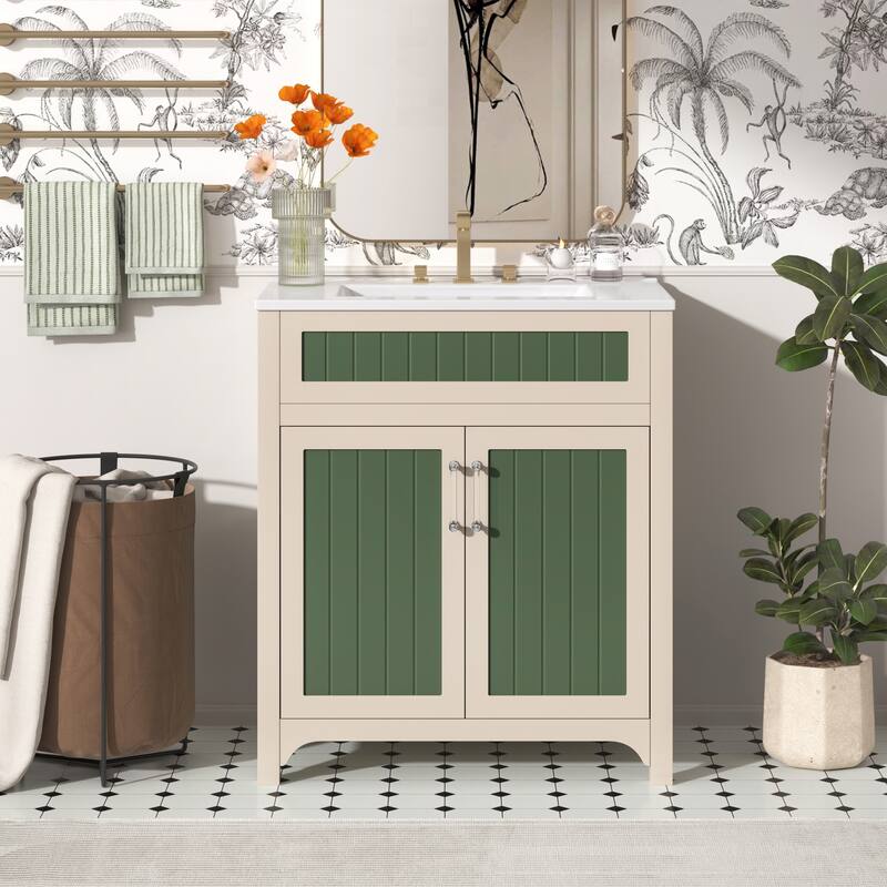 30 Inch Single Sink Freestanding Bathroom Vanity in Green with White Ceramic Top - Painted - Green