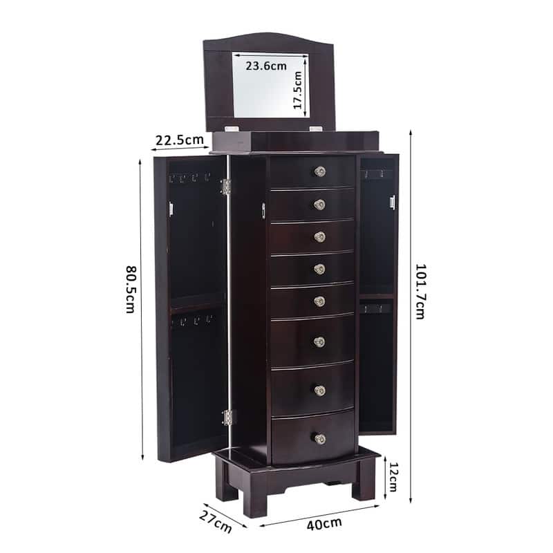 Jewelry Armoire with Mirror, 8 Drawers & 16 Necklace Hooks, 2 Side Swing Doors
