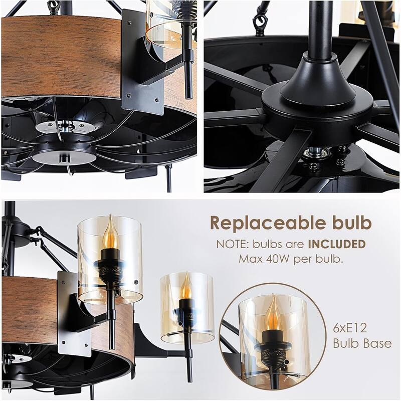 38.5 Inches Wood Grain Farmhouse Fandelier with Remote,6 E26 Bulbs Base - 38.5 inches