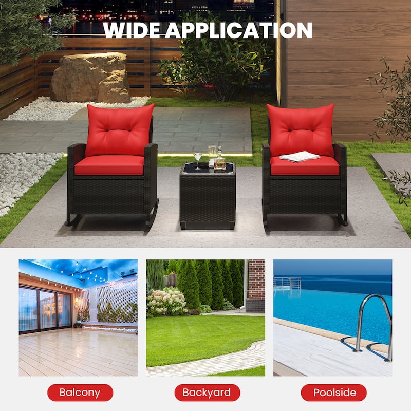 Gymax Set of 3 Wicker Rocking Set w/ Tempered Glass Table Patio