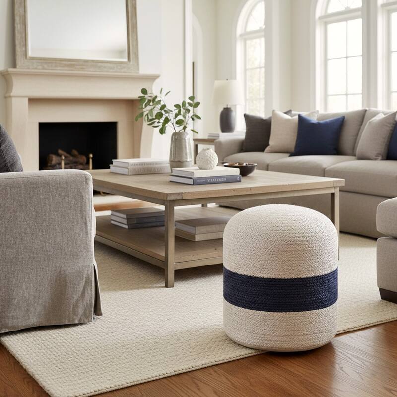 Sevita Bleach/Navy Nautical Coastal Striped Hand-Made Pouf