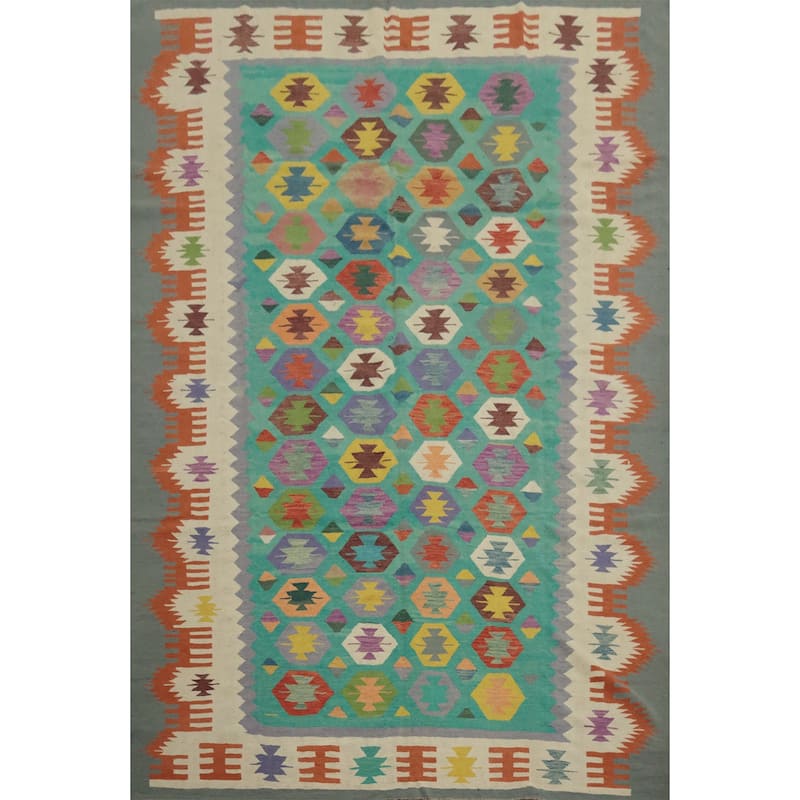 Hand Woven Oriental 100% Wool Carpet Southwestern Tribal Green Kilim Area Rug - 11' 10'' X 9' 0''