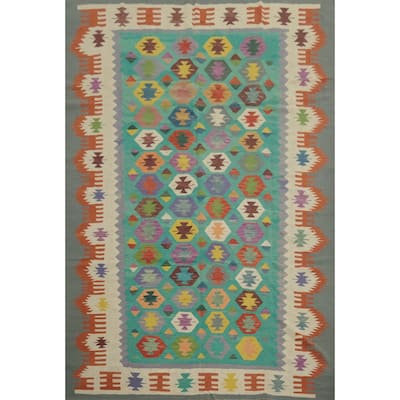 Hand Woven Oriental 100% Wool Carpet Southwestern Tribal Green Kilim Area Rug - 11' 10'' X 9' 0''