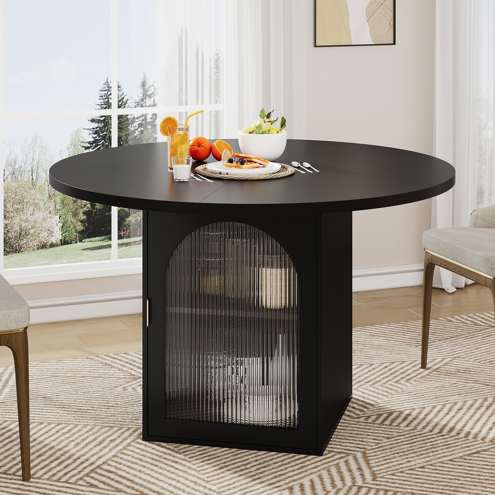 47 Inch Round Dining Table With Storage Cabinet, Modern Pedestal Base, Ribbed Glass Doors, Seats 4 To 6, Space Saving