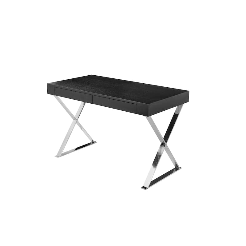Rix 47 Inch Office Desk, Black Wood Top, 2 Drawers, X Polished Steel Legs