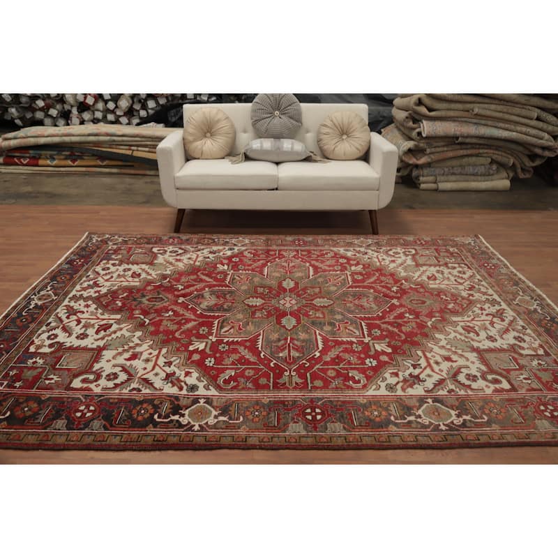 Hand Knotted Oriental 100% Wool Carpet Traditional Medallion Red Heriz Area Rug - 9' 2'' X 7' 3''