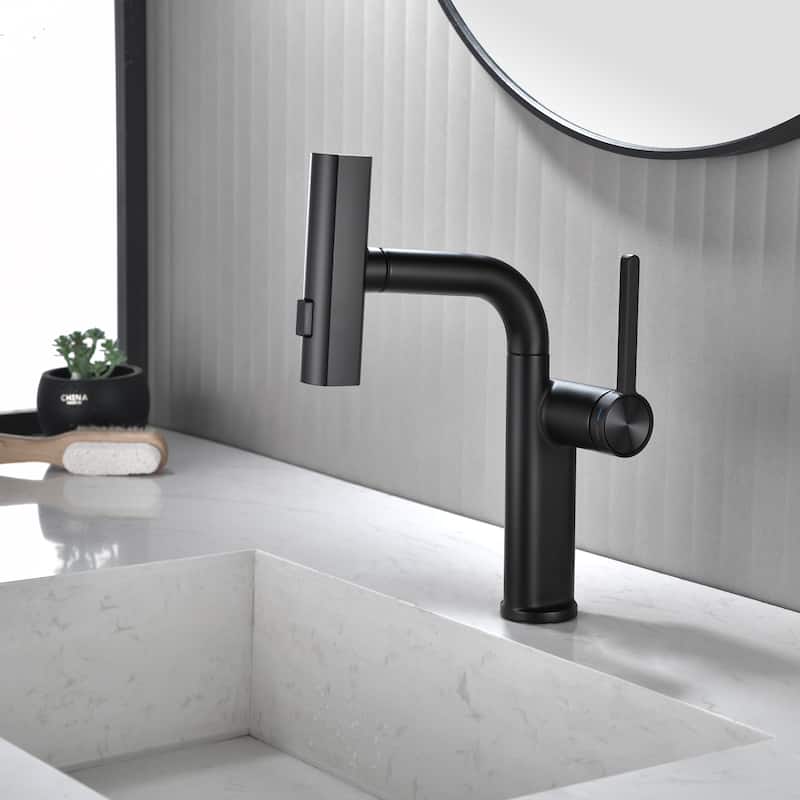 Single Handle Pull Out Bathroom Faucet with Sprayer Brass 1 Hole Matte Black Bathroom Sink Basin Faucets with Pull Out Sprayer