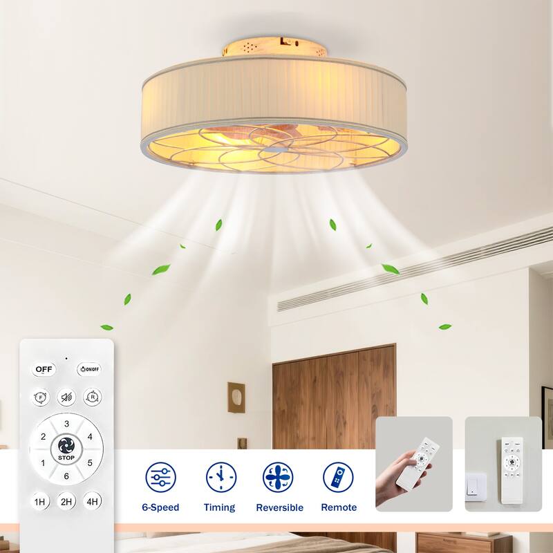 20" Caged Ceiling Fans Flush Mount,Low Profile Fabric Farmhouse Ceiling Fan with Remote Control - N/A