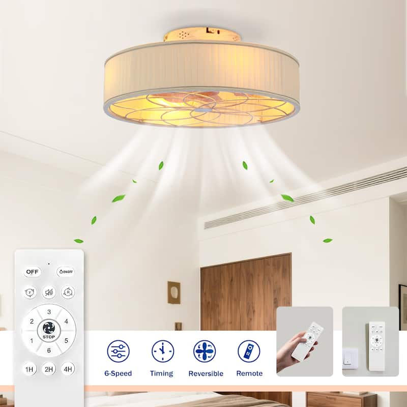 20" Farmhouse Fabric Matte White Bladeless Flush Mount Ceiling Fan With Light and Remote
