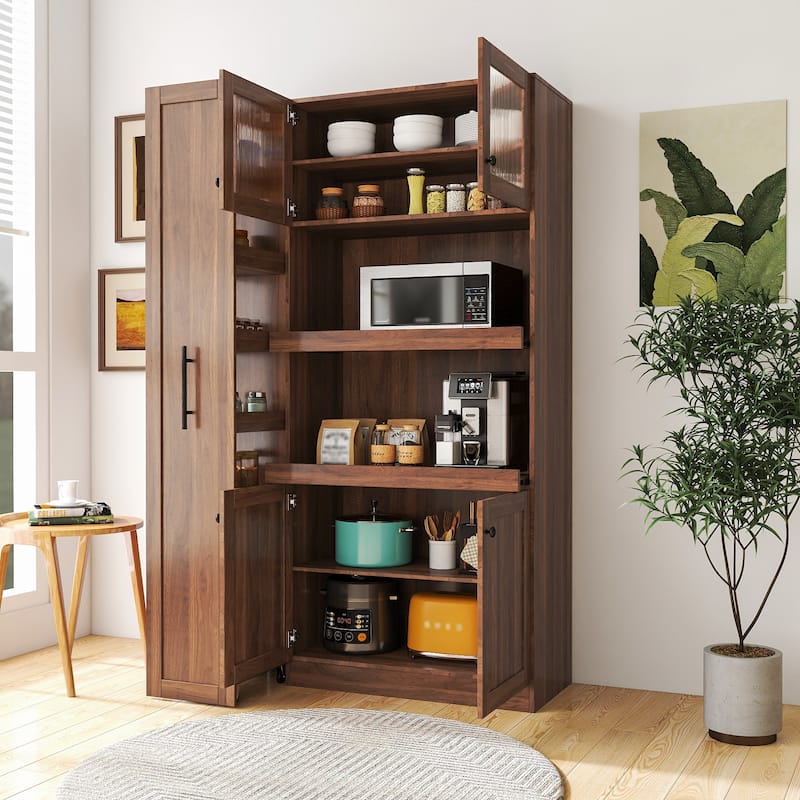 Farmhouse-Style 4-Door Pantry Cabinet – Multi-Tier Pull-Out Shelves & Built-In Organizers for Kitchen or Dining Room Storage.