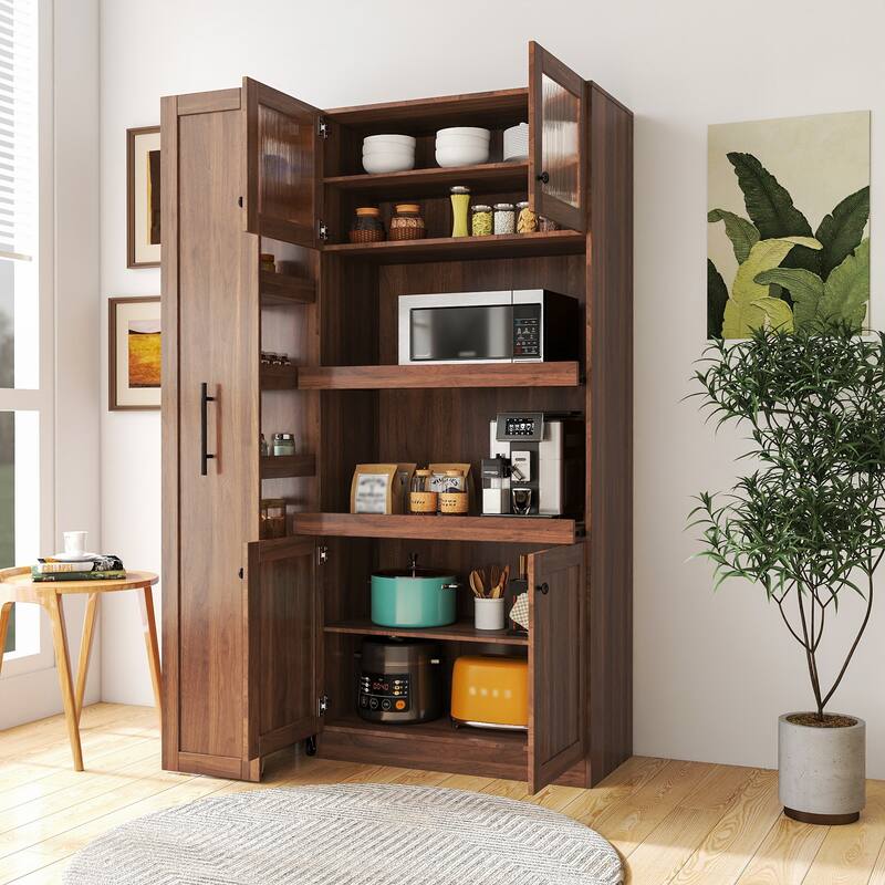 Roomfitters Kitchen Pantry Cabinet with Multi-Tier Pull-Out Shelves, Farmhouse Storage Cupboard with 4 Doors, Walnut
