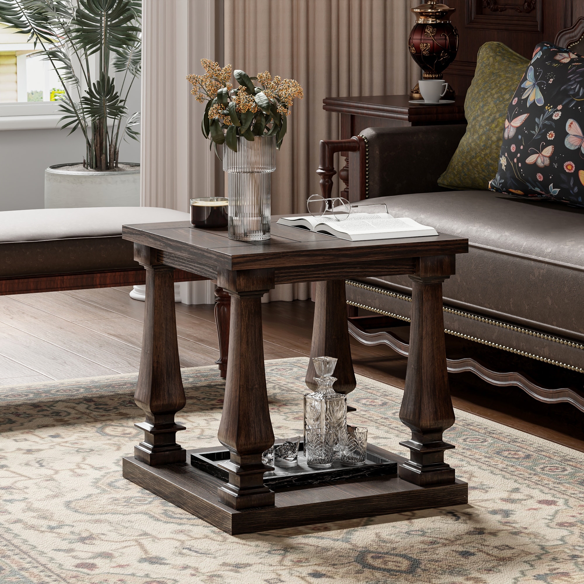 COZAYH Square Farmhouse End Table with Open Shelf, Rustic Accent Side Table with Architectural Legs for Bedroom Furniture