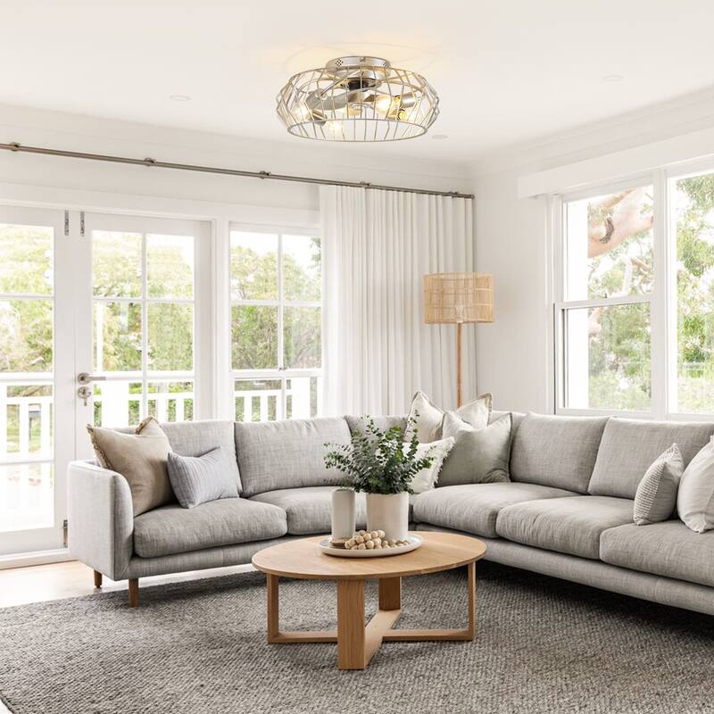 19.7" Vintage Silver Metal 6-Speed Caged Ceiling Fan with Light Kit, Remote and App