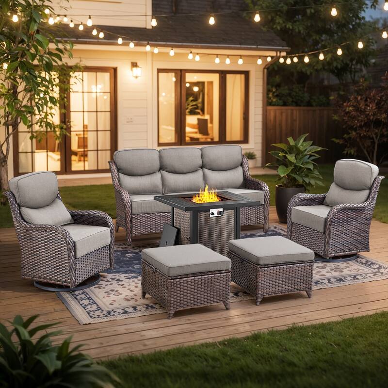 Pocassy 6/7PCS Patio Sofa Swivel Chair with 30" Fire Pit Tab;e - 6-Piece Sofa Siwvel Chair Ottoman w/ Fire Table - Gray Cushion Brown Wicker