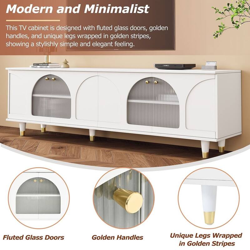 Retro Design TV Stand with Fluted Glass Doors and Adjustable Shelves for TVs Up to 78''