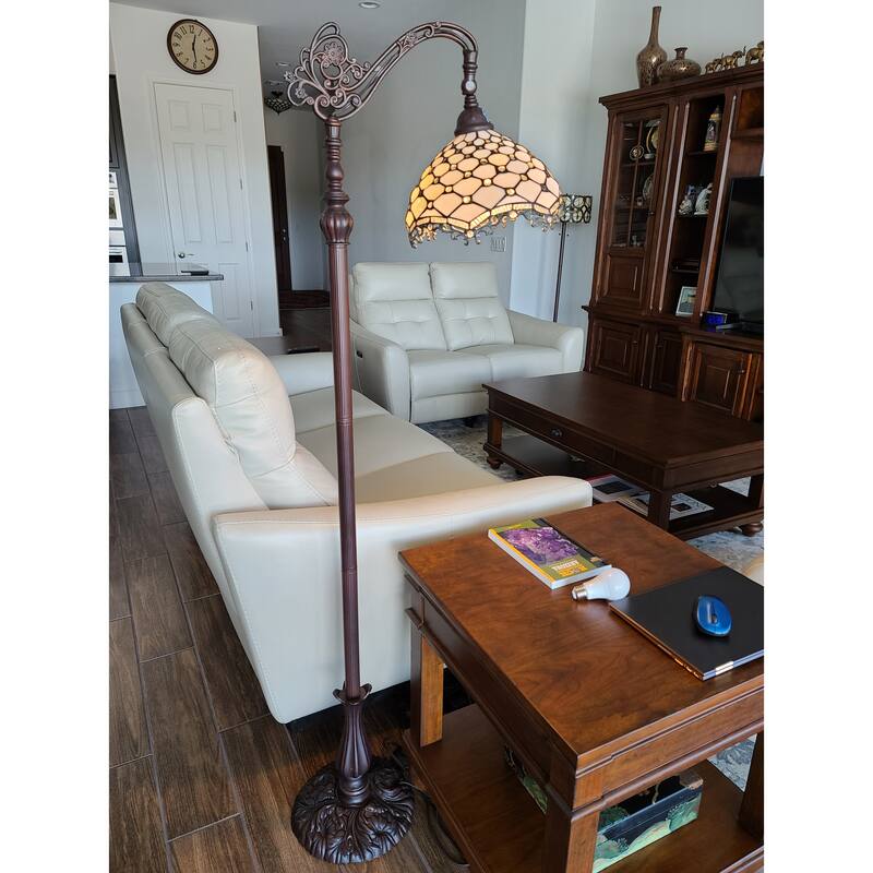 Tiffany Style Floor Lamp Jeweled Jagged Edge Arched 62" Tall Stained Glass White Bedroom Reading Amora Lighting