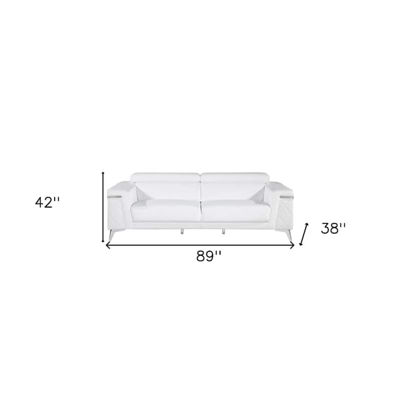 HomeRoots 89" White Italian Leather Sofa With Silver Legs - 89
