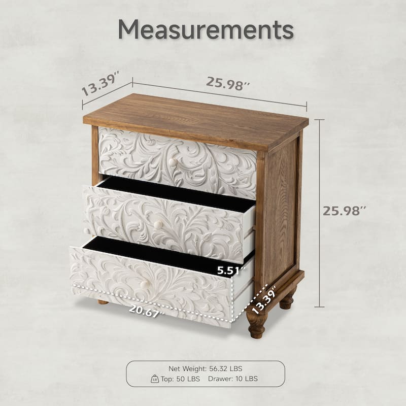 COZAYH 3 Drawer Farmhouse Nightstand with Embossed Weathered Flower Motif, Vintage Dresser, Boho