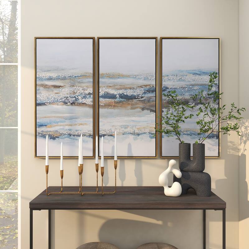 Canvas Landscape Living Room Framed Wall Art with Gold Frame - Set of 3 Blue - Roche River Decor