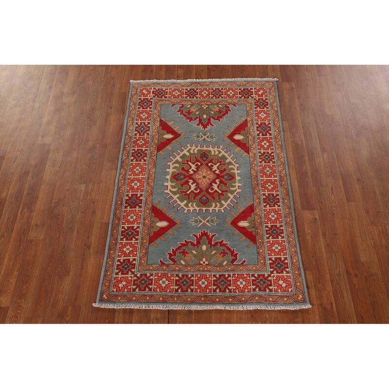Geometric Kazak Accent Rug Hand-Knotted Oriental Blue Wool Carpet - 3'3"x 5'0"