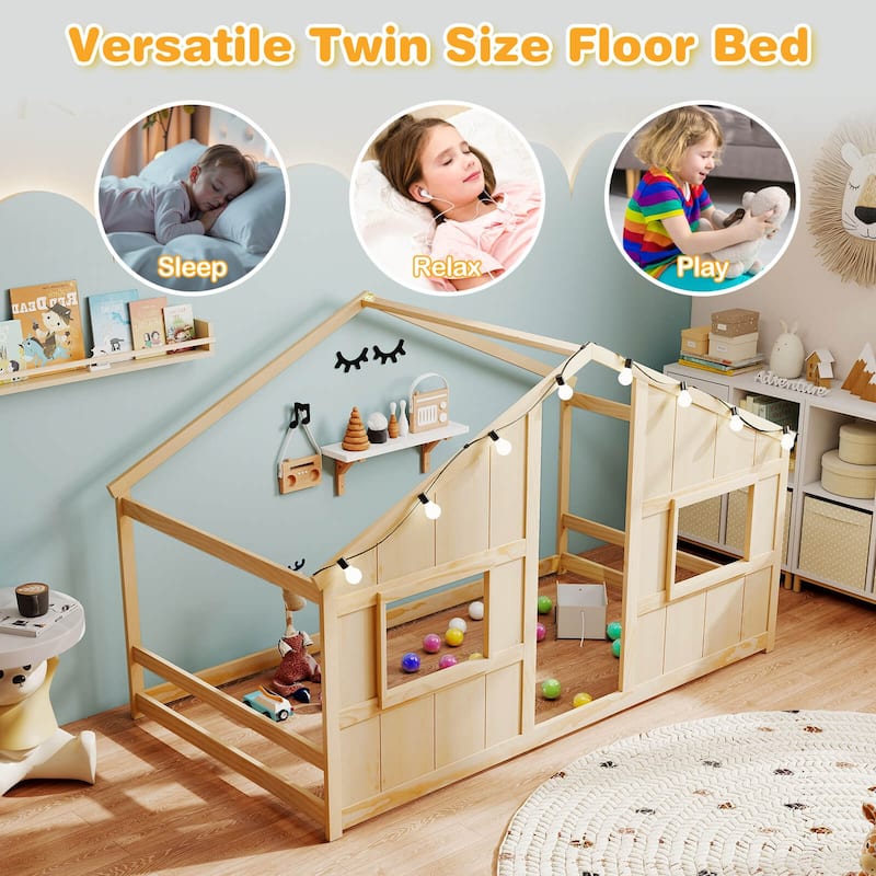 Costway Twin Size House Floor Bed with LED Lights Solid Wood Bed Frame