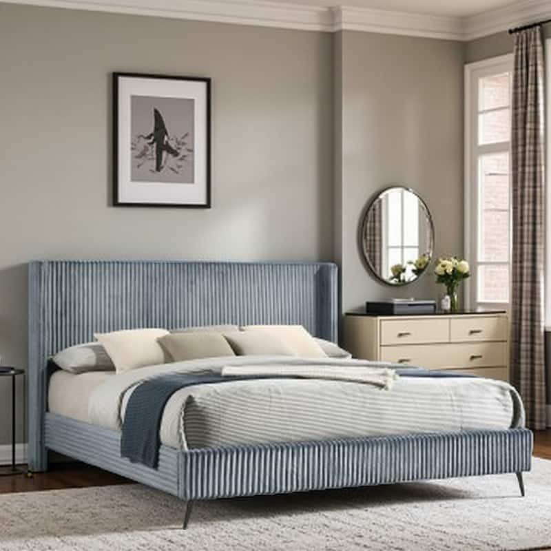 King Size Upholstered Panel Bed with Wide Wale Corduroy Fabric, Elegant Wingback Headboard, Modern Design - King Blue - King
