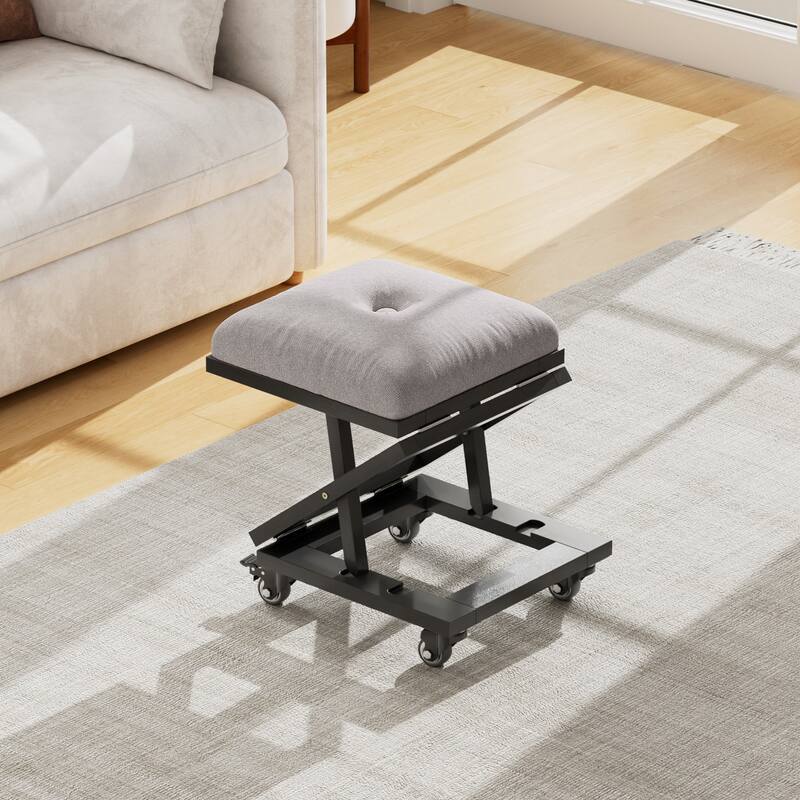 Javlergo Black Adjustable Height Folding Stool with Wheels Grey Fabric Ottoman Portable Metal Footstool for Indoor Outdoor Use