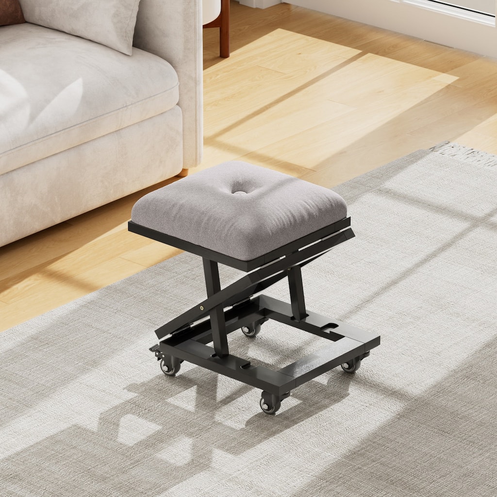 Javlergo Black Adjustable Height Folding Stool with Wheels Grey Fabric Ottoman Portable Metal Footstool for Indoor Outdoor Use