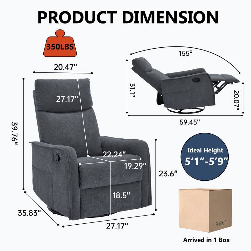 Roomfitters Swivel Rocker Recliner Chair, Manual Massage Glider Armchair with Heat & Vibration, Fabric Living Room Sofa