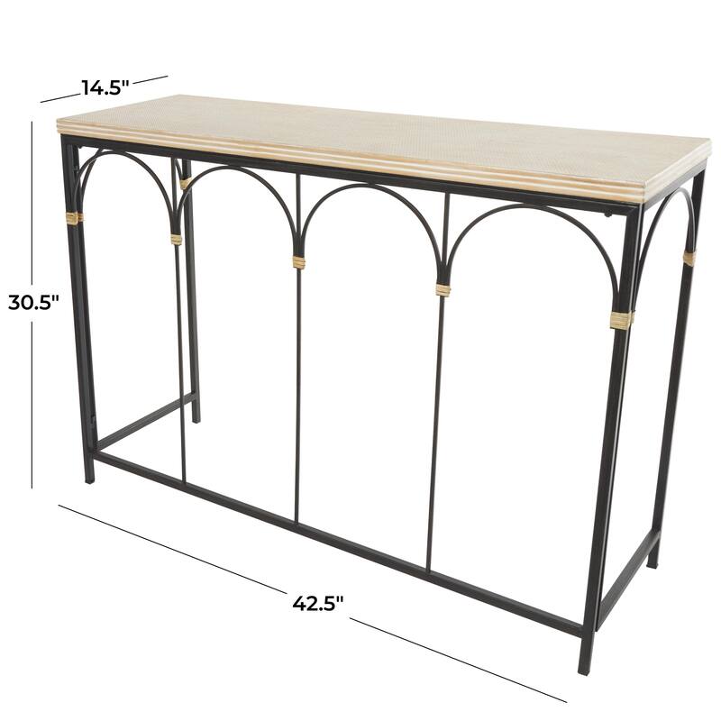 Wooden Arched Console Table with Wood Zig Zag Patterned Top and Rattan Accents - Black - Roche River Decor