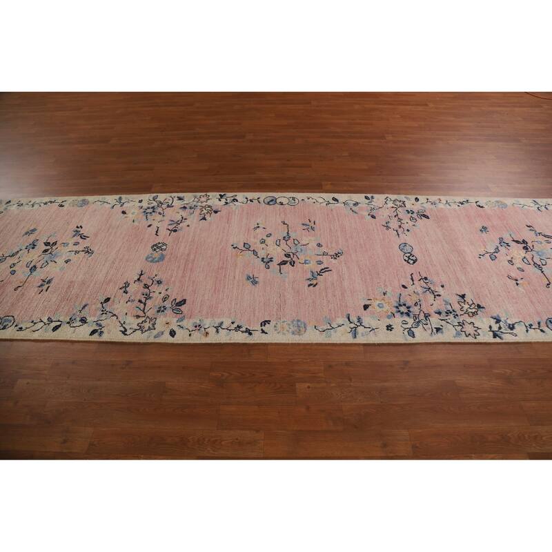 Pink Floral Oushak Vegetable Dye Runner Rug Hand-knotted Wool Carpet - 3'5"x 11'7"