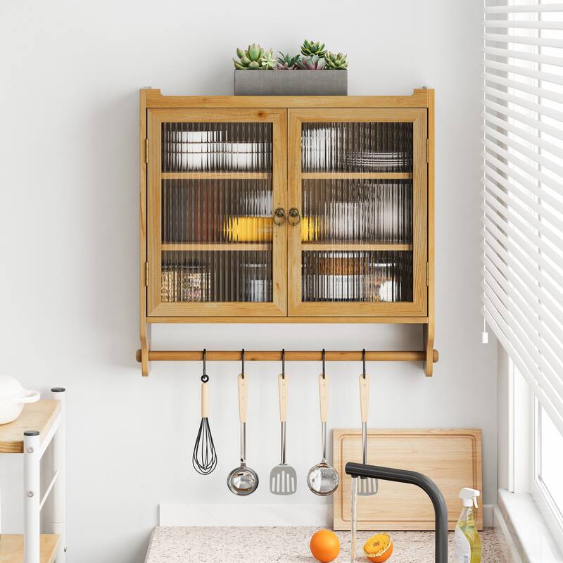 24.8"Glass Door Wall Cabinet with 3 Tiers of Storage with Towel Rack