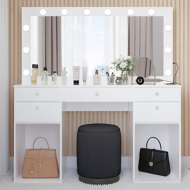 Makeup Vanity Desk w/ Free Black Storage Stool, LED Mirror, 5 Drawers, extra Storage, USB, Power Outlet